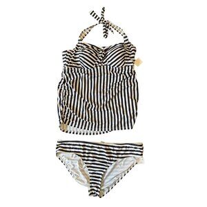 Beach Bump Motherhood Maternity Blue White Stripe Tankini Swim Suit XL NEW